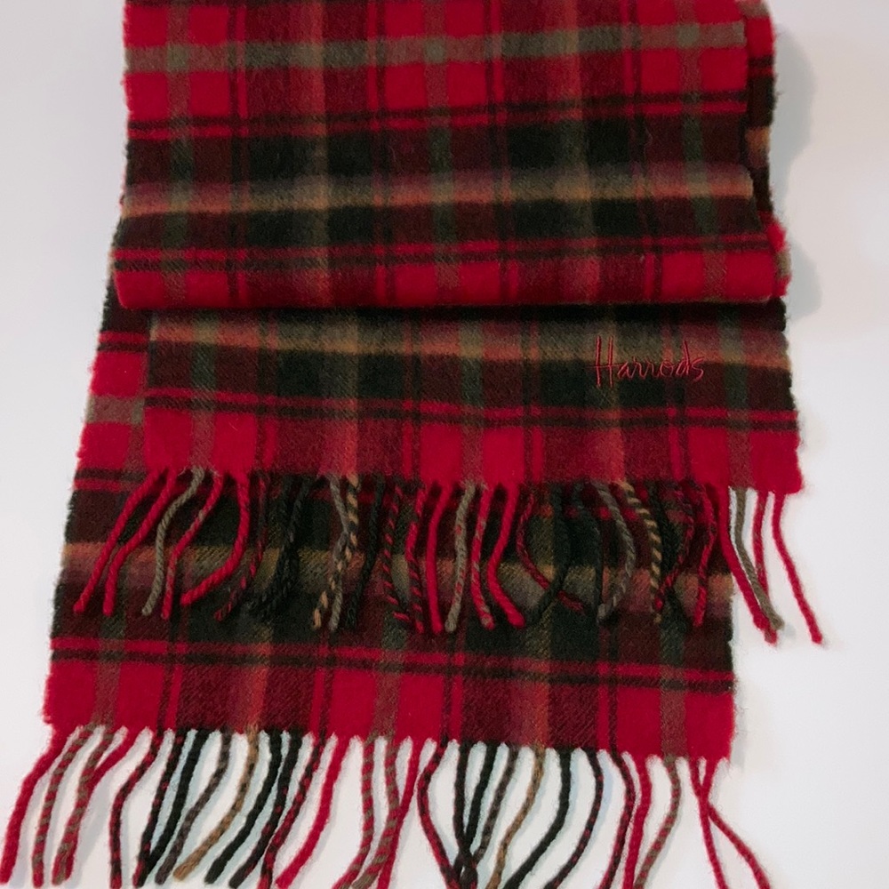 Harrods Red Plaid 100% New Wool Scarf